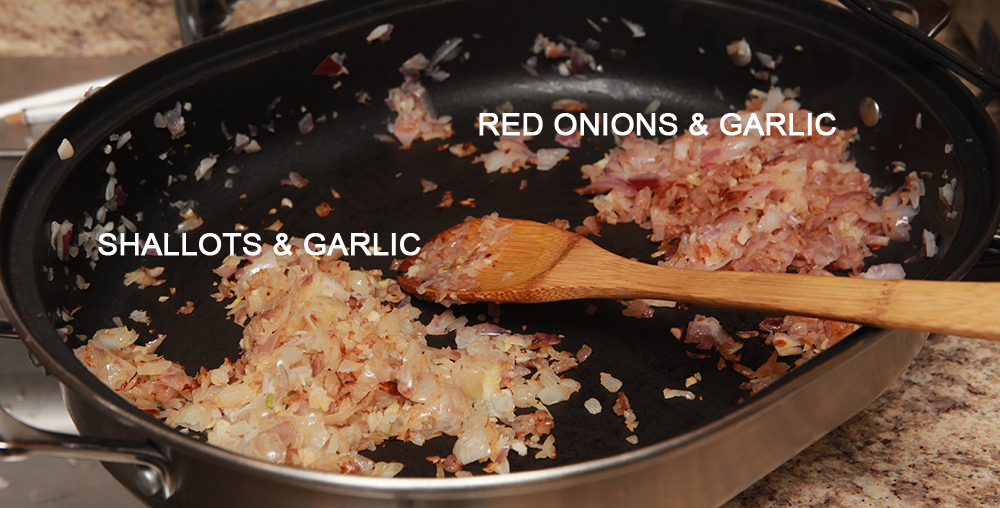preparing cooked vegetables ahead of time, photo of sauteed onions and shallots and garlic in a large pan